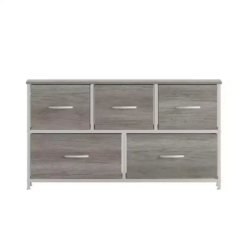 Emma and Oliver 5 Drawer Storage Dresser with Cast Iron Frame, Wood Top, and Easy Pull Fabric Drawers with Wooden Handles