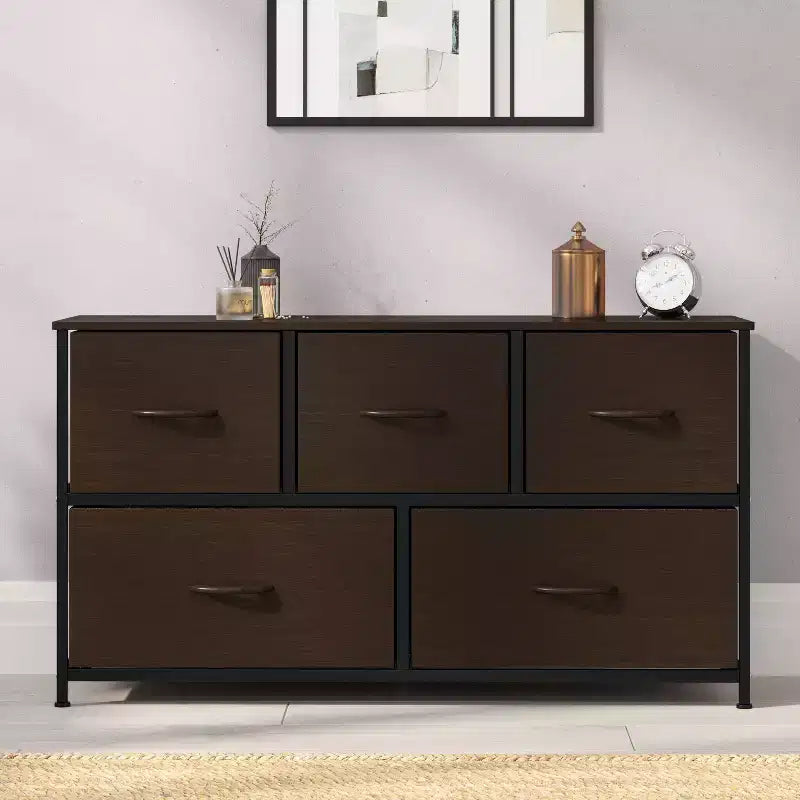 Emma and Oliver 5 Drawer Storage Dresser with Cast Iron Frame, Wood Top, and Easy Pull Fabric Drawers with Wooden Handles