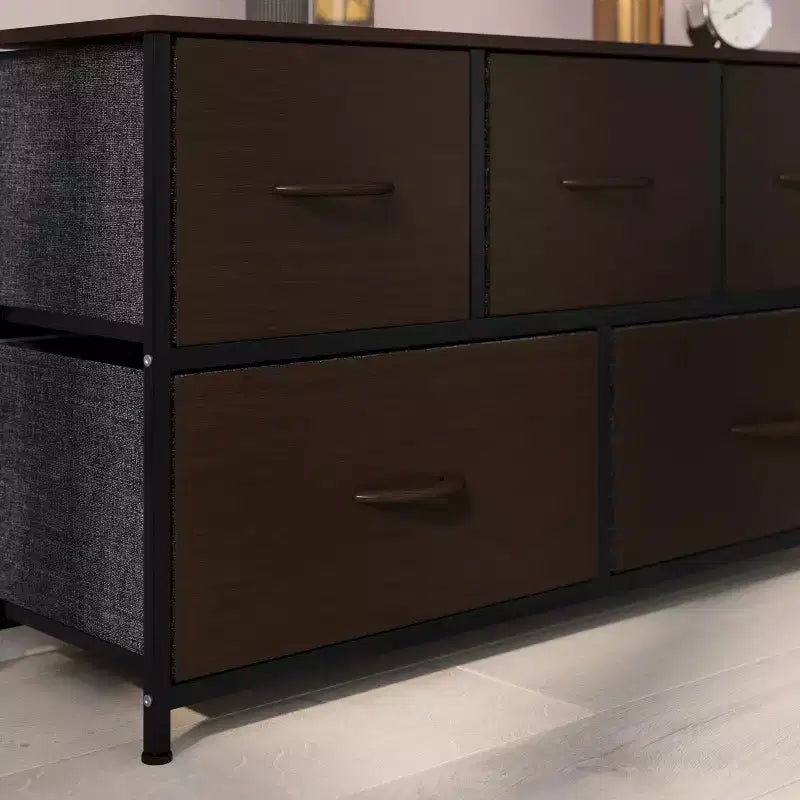 Emma and Oliver 5 Drawer Storage Dresser with Cast Iron Frame, Wood Top, and Easy Pull Fabric Drawers with Wooden Handles
