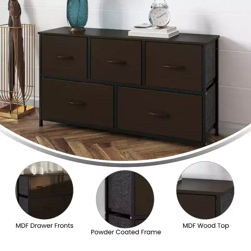 Emma and Oliver 5 Drawer Storage Dresser with Cast Iron Frame, Wood Top, and Easy Pull Fabric Drawers with Wooden Handles