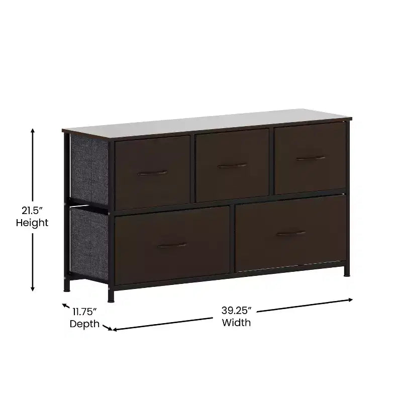 Emma and Oliver 5 Drawer Storage Dresser with Cast Iron Frame, Wood Top, and Easy Pull Fabric Drawers with Wooden Handles