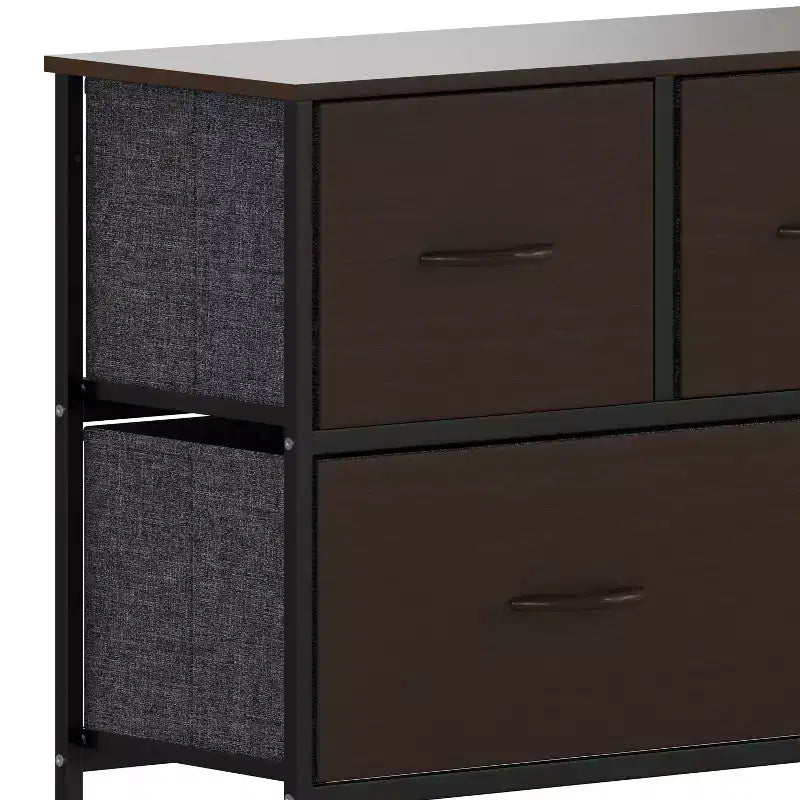 Emma and Oliver 5 Drawer Storage Dresser with Cast Iron Frame, Wood Top, and Easy Pull Fabric Drawers with Wooden Handles