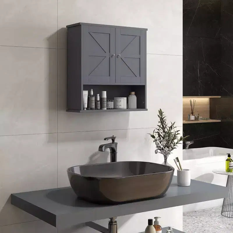 kleankin Bathroom Wall Cabinet, Farmhouse Medicine Cabinet with Open Shelf & Adjustable Shelf, Storage Cupboard for Laundry Room