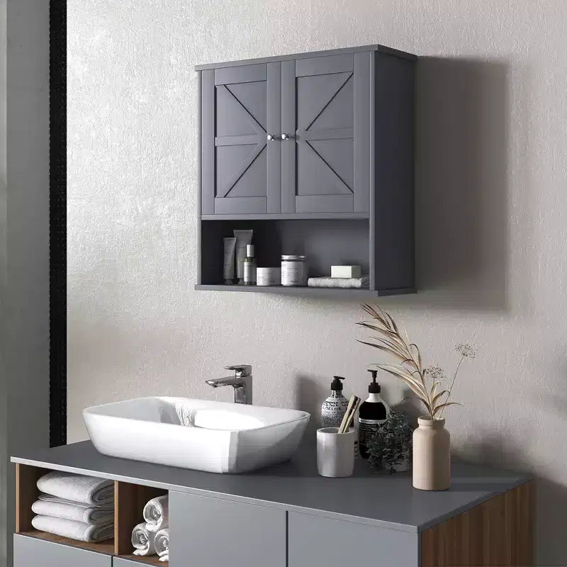 kleankin Bathroom Wall Cabinet, Farmhouse Medicine Cabinet with Open Shelf & Adjustable Shelf, Storage Cupboard for Laundry Room