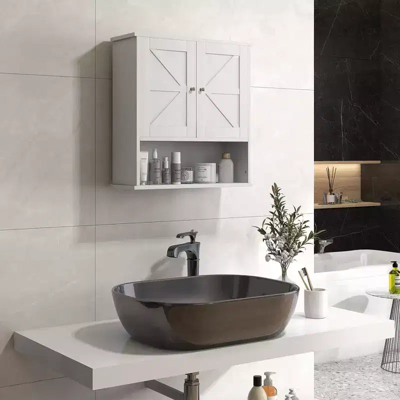 kleankin Bathroom Wall Cabinet, Farmhouse Medicine Cabinet with Open Shelf & Adjustable Shelf, Storage Cupboard for Laundry Room