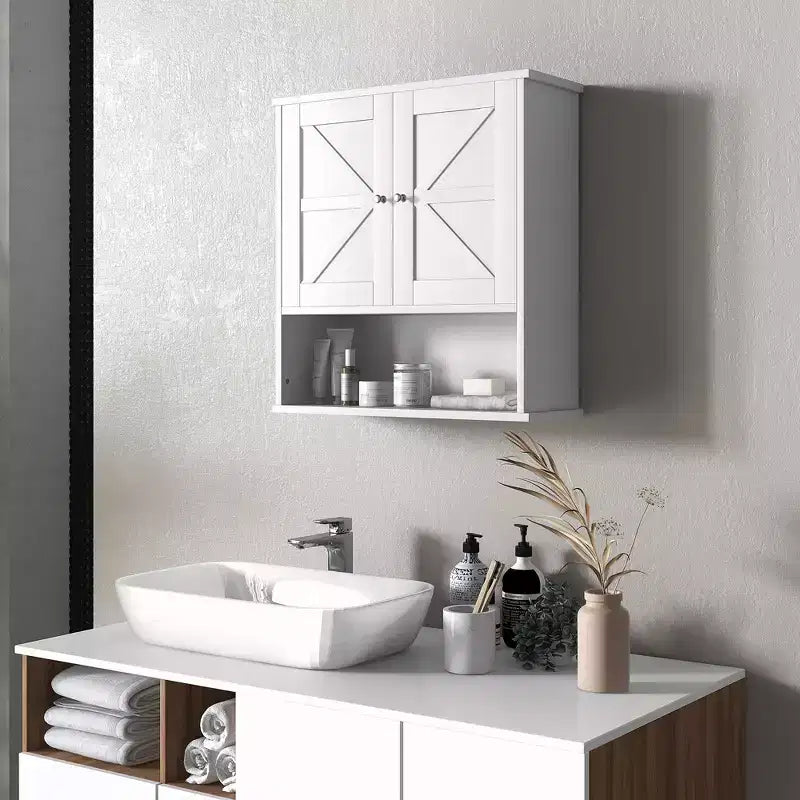 kleankin Bathroom Wall Cabinet, Farmhouse Medicine Cabinet with Open Shelf & Adjustable Shelf, Storage Cupboard for Laundry Room