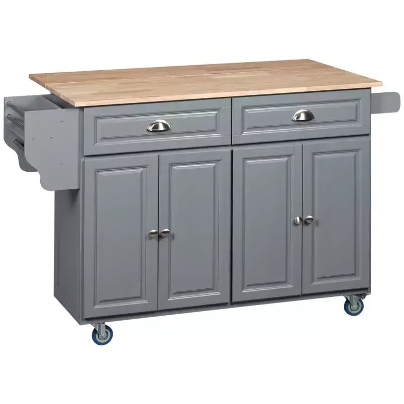 HOMCOM Rolling Kitchen Island on Wheels, Kitchen Cart with Solid Wood Drop Leaf Breakfast Bar, Storage Drawers, 4-Door Cabinets, Spice Rack