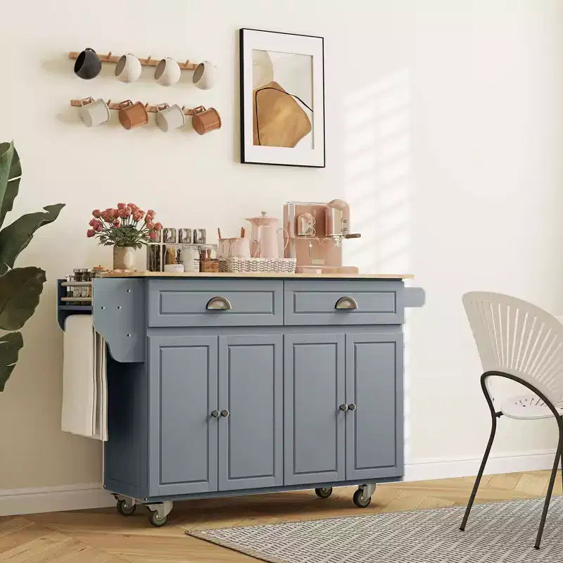 HOMCOM Rolling Kitchen Island on Wheels, Kitchen Cart with Solid Wood Drop Leaf Breakfast Bar, Storage Drawers, 4-Door Cabinets, Spice Rack
