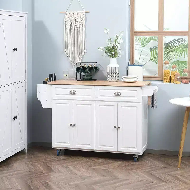 HOMCOM Rolling Kitchen Island on Wheels, Kitchen Cart with Solid Wood Drop Leaf Breakfast Bar, Storage Drawers, 4-Door Cabinets, Spice Rack