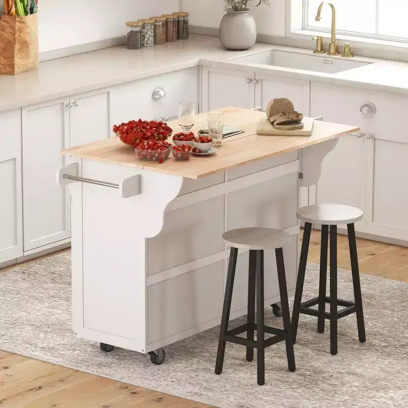 HOMCOM Rolling Kitchen Island on Wheels, Kitchen Cart with Solid Wood Drop Leaf Breakfast Bar, Storage Drawers, 4-Door Cabinets, Spice Rack