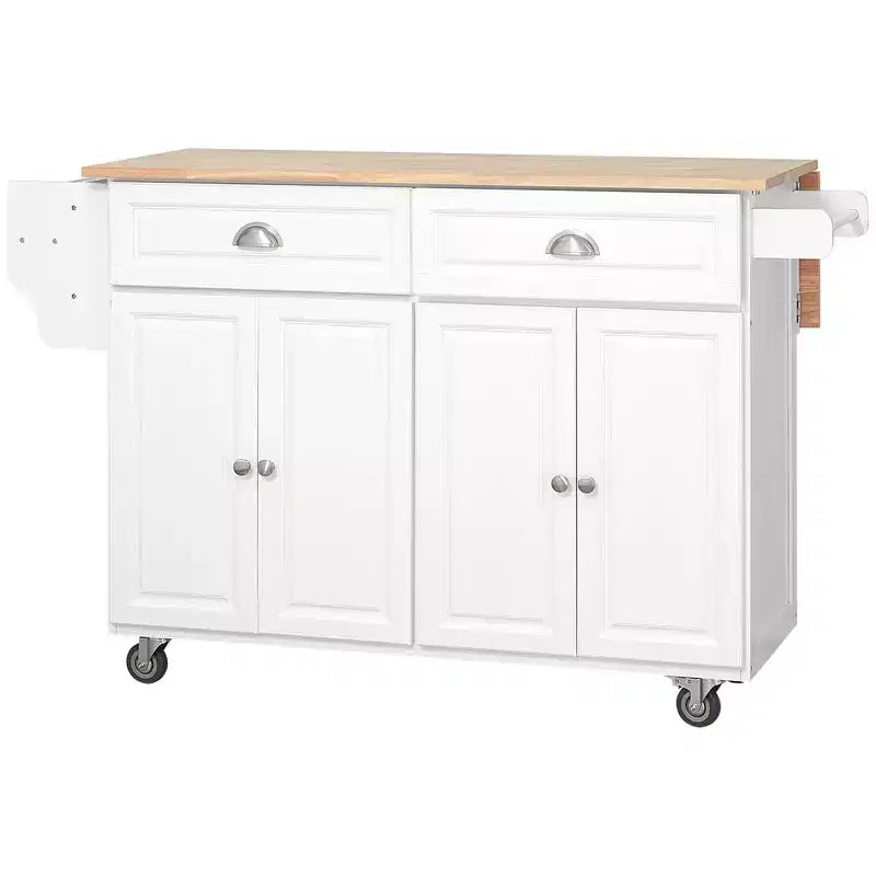 HOMCOM Rolling Kitchen Island on Wheels, Kitchen Cart with Solid Wood Drop Leaf Breakfast Bar, Storage Drawers, 4-Door Cabinets, Spice Rack