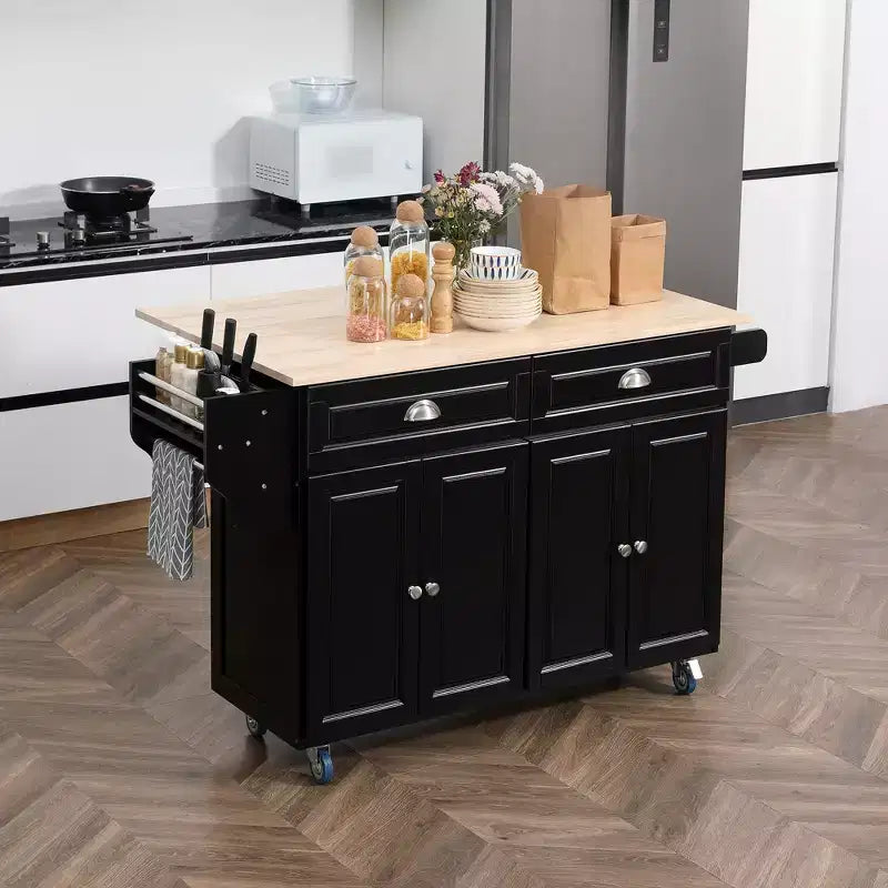 HOMCOM Rolling Kitchen Island on Wheels, Kitchen Cart with Solid Wood Drop Leaf Breakfast Bar, Storage Drawers, 4-Door Cabinets, Spice Rack