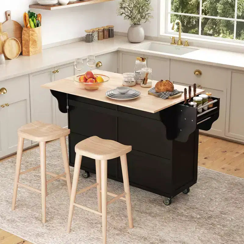 HOMCOM Rolling Kitchen Island on Wheels, Kitchen Cart with Solid Wood Drop Leaf Breakfast Bar, Storage Drawers, 4-Door Cabinets, Spice Rack