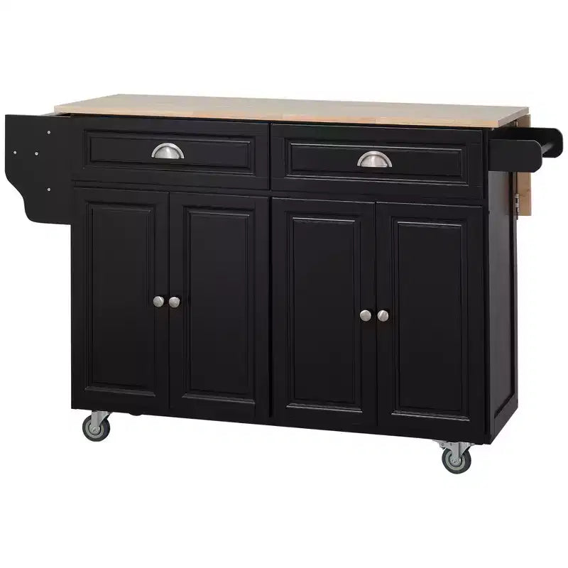 HOMCOM Rolling Kitchen Island on Wheels, Kitchen Cart with Solid Wood Drop Leaf Breakfast Bar, Storage Drawers, 4-Door Cabinets, Spice Rack