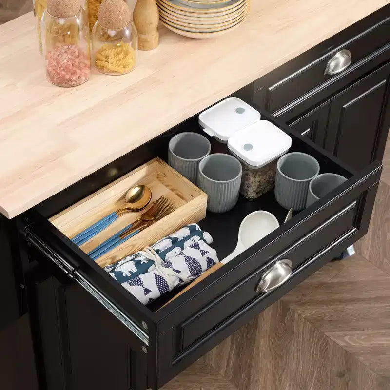 HOMCOM Rolling Kitchen Island on Wheels, Kitchen Cart with Solid Wood Drop Leaf Breakfast Bar, Storage Drawers, 4-Door Cabinets, Spice Rack