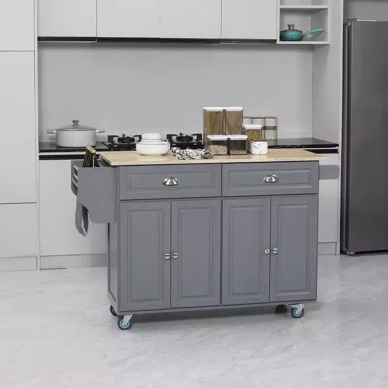 HOMCOM Rolling Kitchen Island on Wheels, Kitchen Cart with Solid Wood Drop Leaf Breakfast Bar, Storage Drawers, 4-Door Cabinets, Spice Rack