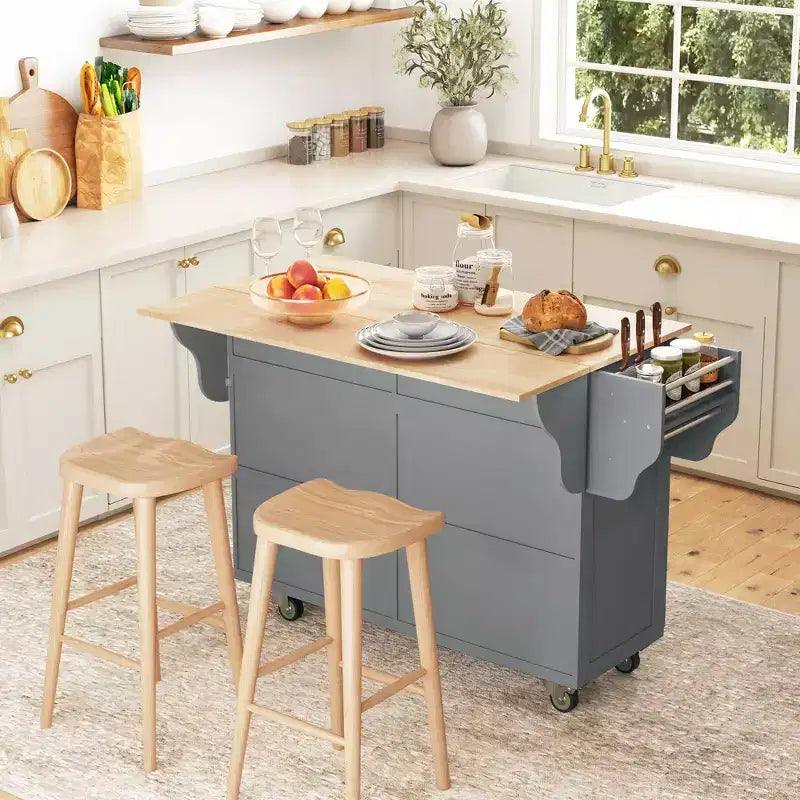 HOMCOM Rolling Kitchen Island on Wheels, Kitchen Cart with Solid Wood Drop Leaf Breakfast Bar, Storage Drawers, 4-Door Cabinets, Spice Rack