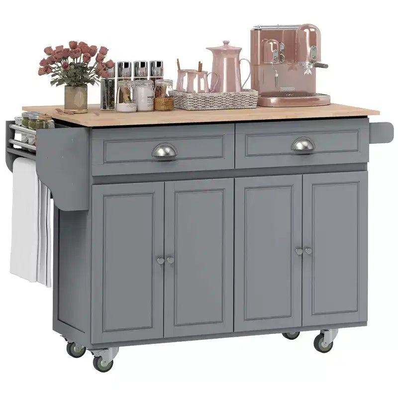 HOMCOM Rolling Kitchen Island on Wheels, Kitchen Cart with Solid Wood Drop Leaf Breakfast Bar, Storage Drawers, 4-Door Cabinets, Spice Rack