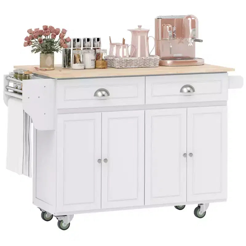 HOMCOM Rolling Kitchen Island on Wheels, Kitchen Cart with Solid Wood Drop Leaf Breakfast Bar, Storage Drawers, 4-Door Cabinets, Spice Rack