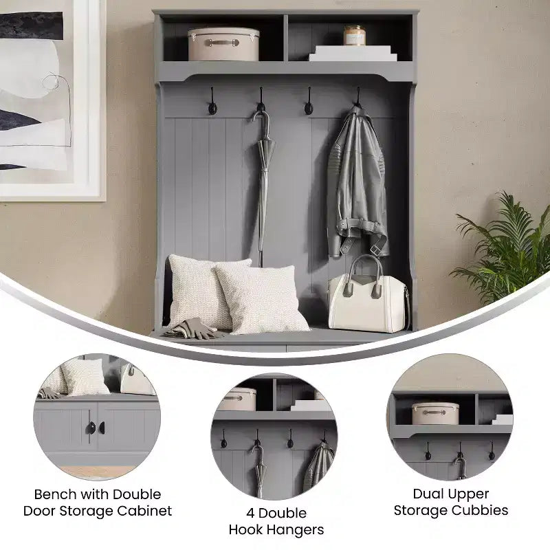 Flash Furniture Fraser Hall Tree with Double Door Storage Bench, Coat Rack with 4 Double Hooks, and 2 Upper Storage Cubbies