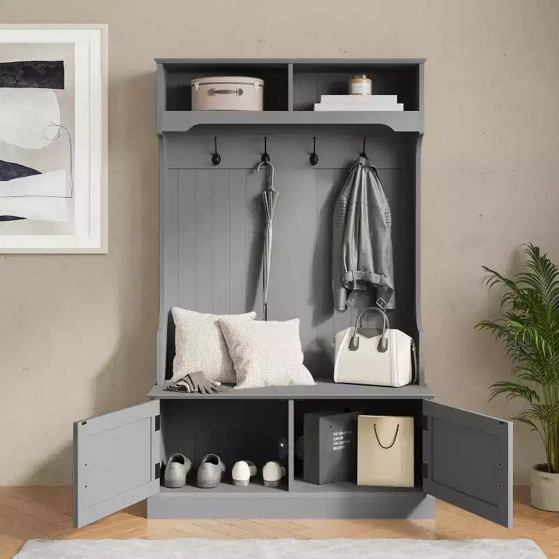 Flash Furniture Fraser Hall Tree with Double Door Storage Bench, Coat Rack with 4 Double Hooks, and 2 Upper Storage Cubbies