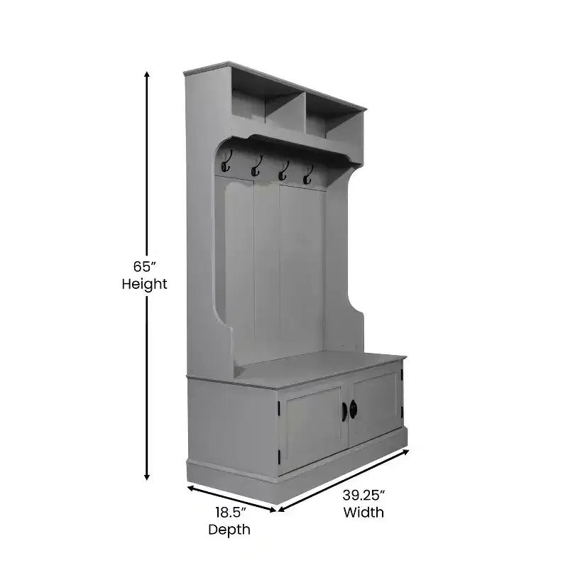 Flash Furniture Fraser Hall Tree with Double Door Storage Bench, Coat Rack with 4 Double Hooks, and 2 Upper Storage Cubbies