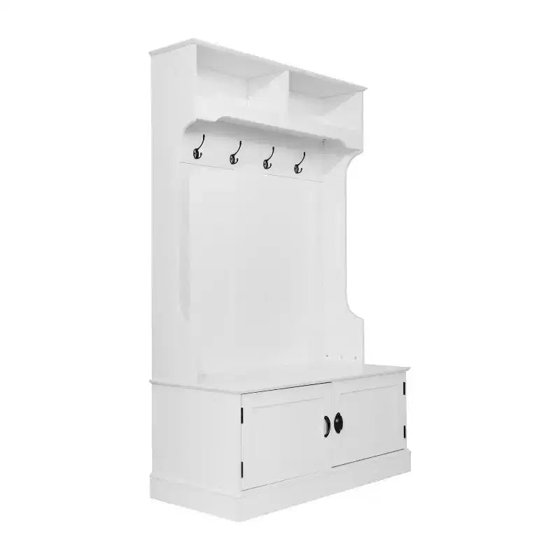 Flash Furniture Fraser Hall Tree with Double Door Storage Bench, Coat Rack with 4 Double Hooks, and 2 Upper Storage Cubbies