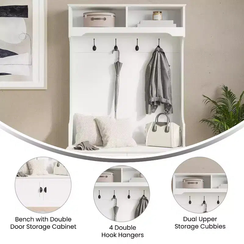 Flash Furniture Fraser Hall Tree with Double Door Storage Bench, Coat Rack with 4 Double Hooks, and 2 Upper Storage Cubbies