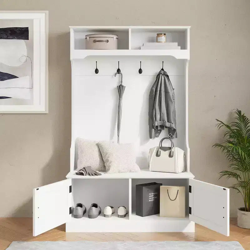 Flash Furniture Fraser Hall Tree with Double Door Storage Bench, Coat Rack with 4 Double Hooks, and 2 Upper Storage Cubbies
