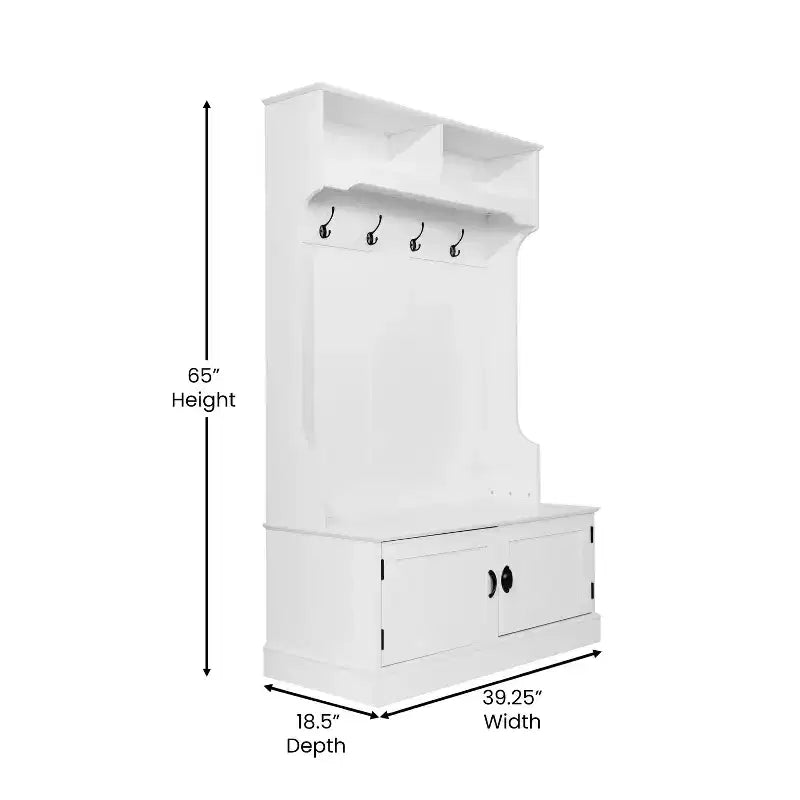 Flash Furniture Fraser Hall Tree with Double Door Storage Bench, Coat Rack with 4 Double Hooks, and 2 Upper Storage Cubbies