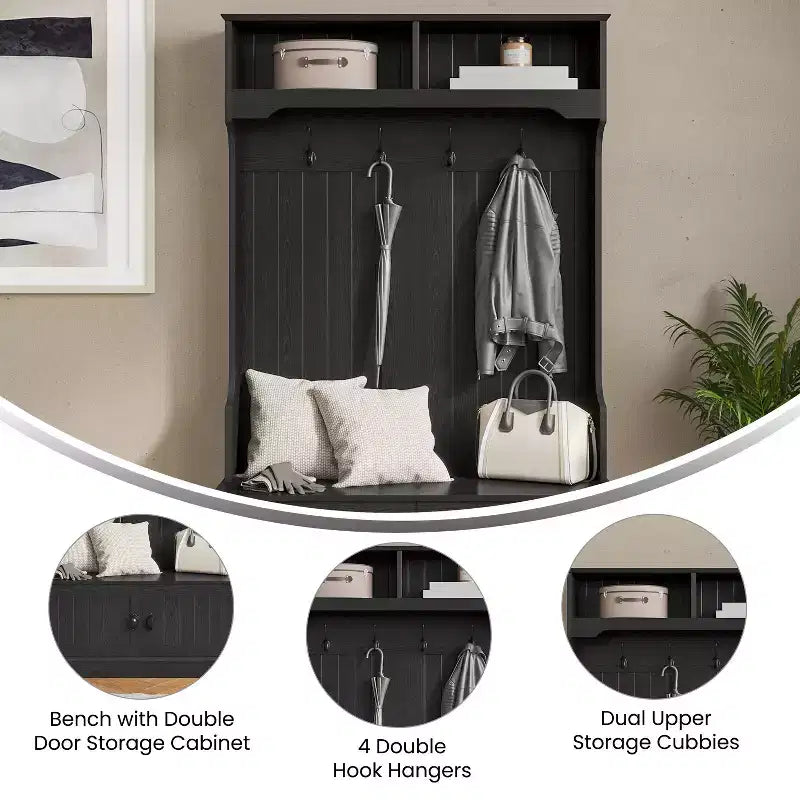 Flash Furniture Fraser Hall Tree with Double Door Storage Bench, Coat Rack with 4 Double Hooks, and 2 Upper Storage Cubbies