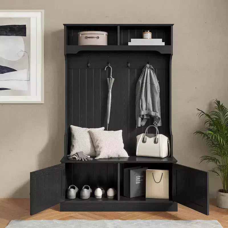 Flash Furniture Fraser Hall Tree with Double Door Storage Bench, Coat Rack with 4 Double Hooks, and 2 Upper Storage Cubbies