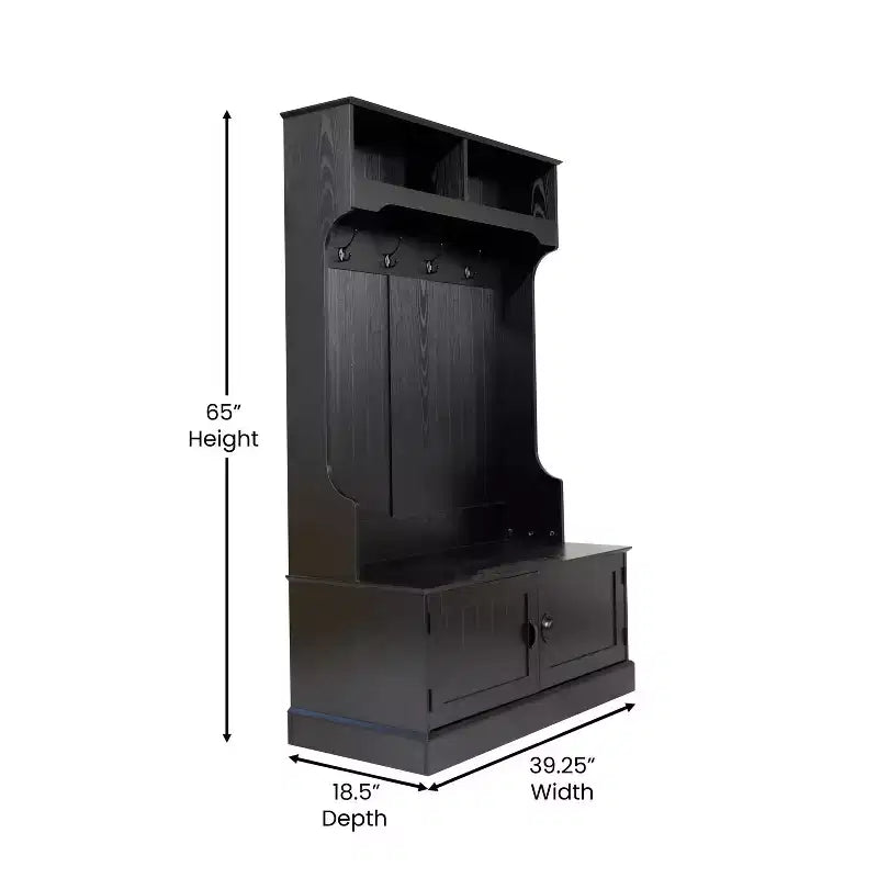 Flash Furniture Fraser Hall Tree with Double Door Storage Bench, Coat Rack with 4 Double Hooks, and 2 Upper Storage Cubbies