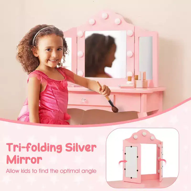Costway Kid Vanity Table Stool Set Tri-Folding Mirror Adjustable 3-Color LED Lights Pink/White