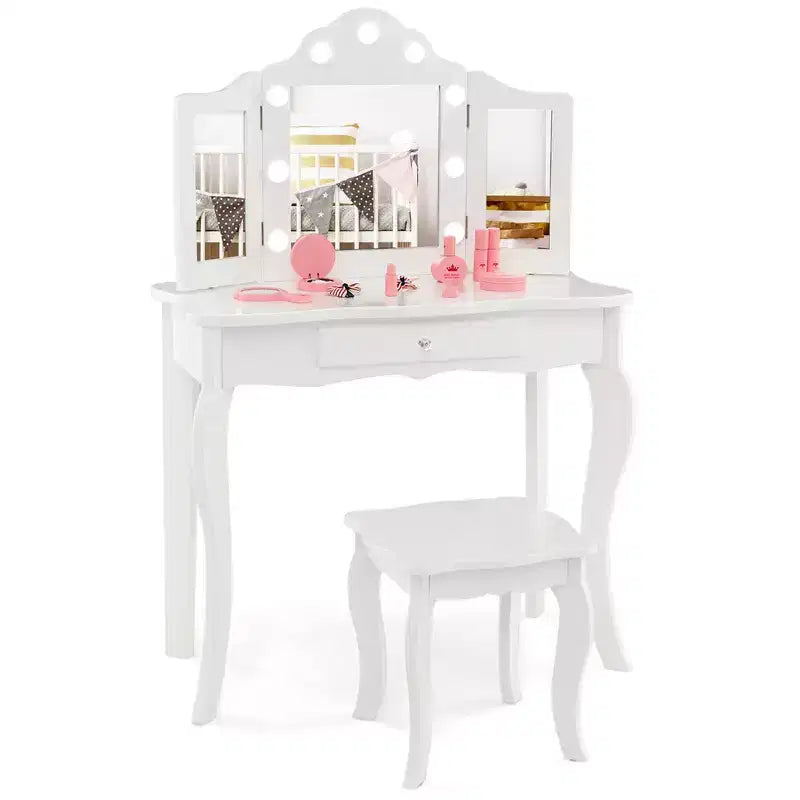 Costway Kid Vanity Table Stool Set Tri-Folding Mirror Adjustable 3-Color LED Lights Pink/White
