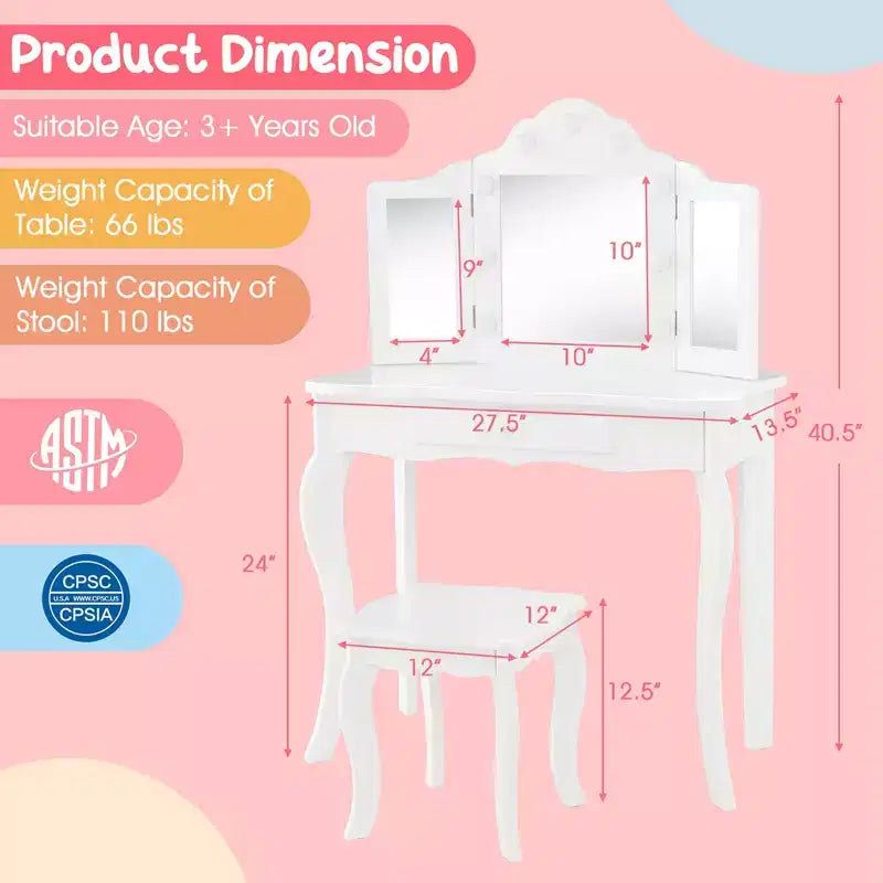 Costway Kid Vanity Table Stool Set Tri-Folding Mirror Adjustable 3-Color LED Lights Pink/White