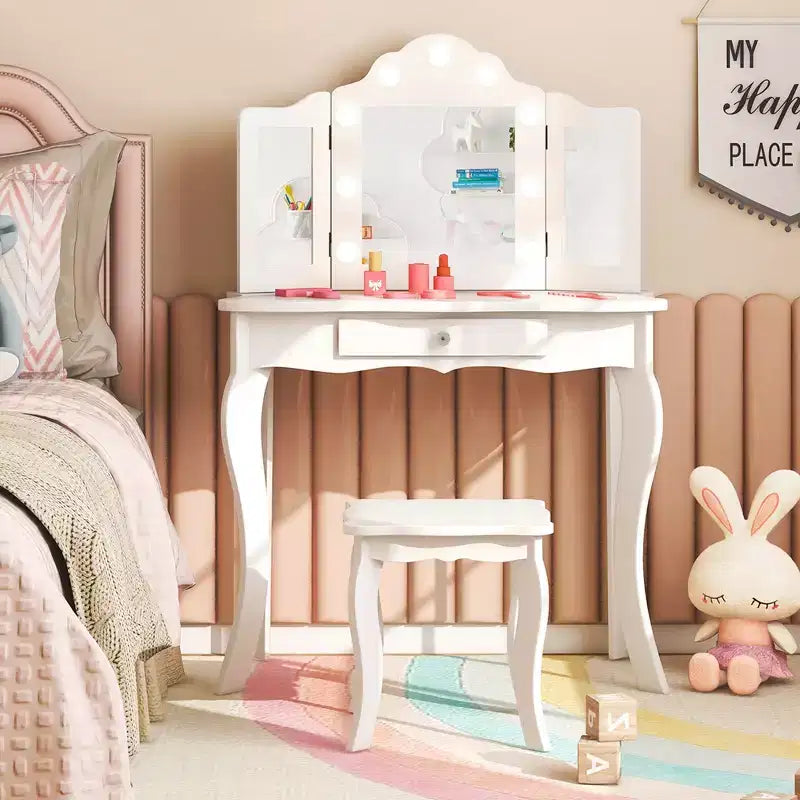 Costway Kid Vanity Table Stool Set Tri-Folding Mirror Adjustable 3-Color LED Lights Pink/White