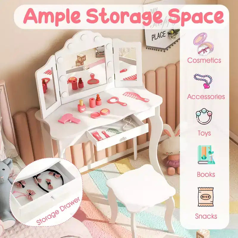 Costway Kid Vanity Table Stool Set Tri-Folding Mirror Adjustable 3-Color LED Lights Pink/White