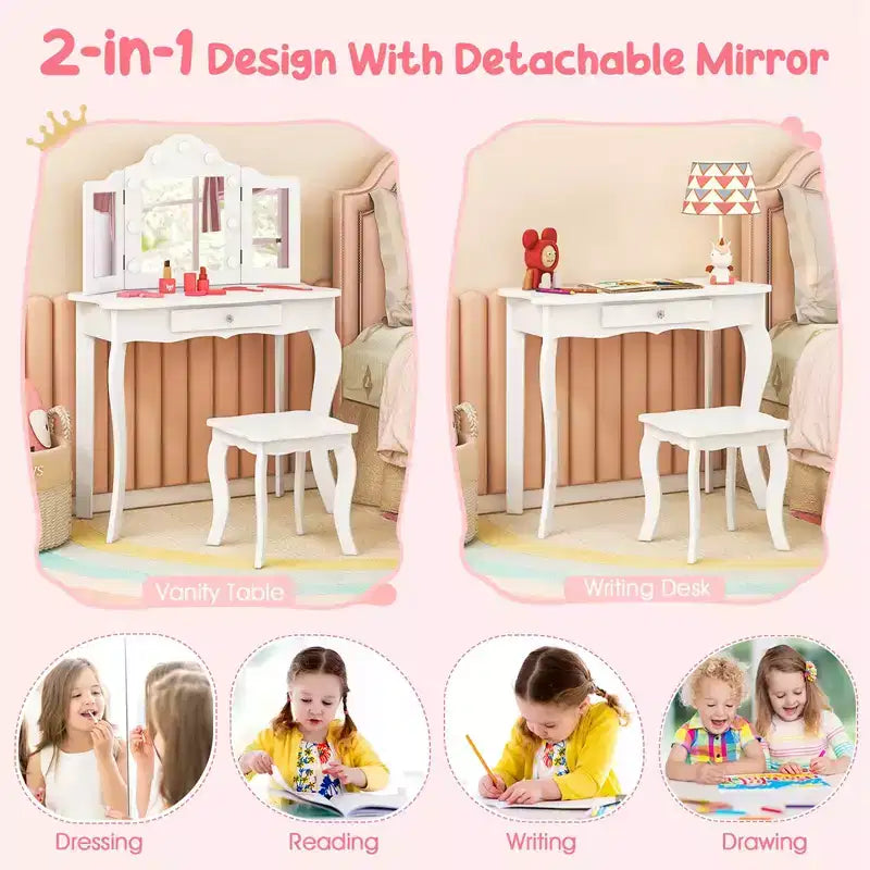 Costway Kid Vanity Table Stool Set Tri-Folding Mirror Adjustable 3-Color LED Lights Pink/White