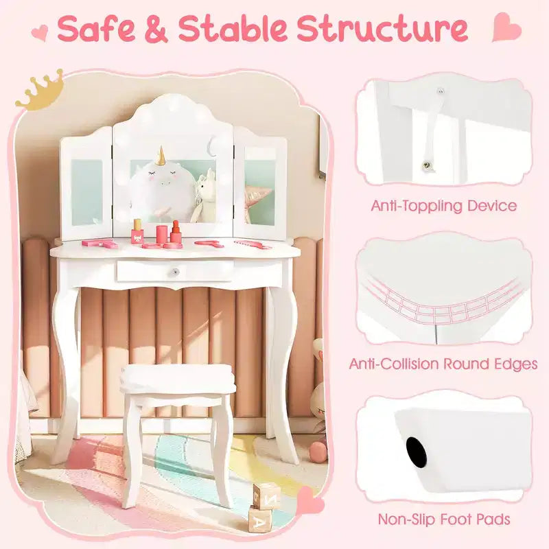 Costway Kid Vanity Table Stool Set Tri-Folding Mirror Adjustable 3-Color LED Lights Pink/White