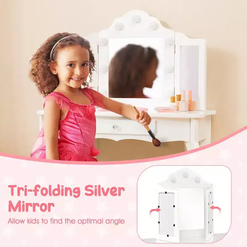 Costway Kid Vanity Table Stool Set Tri-Folding Mirror Adjustable 3-Color LED Lights Pink/White