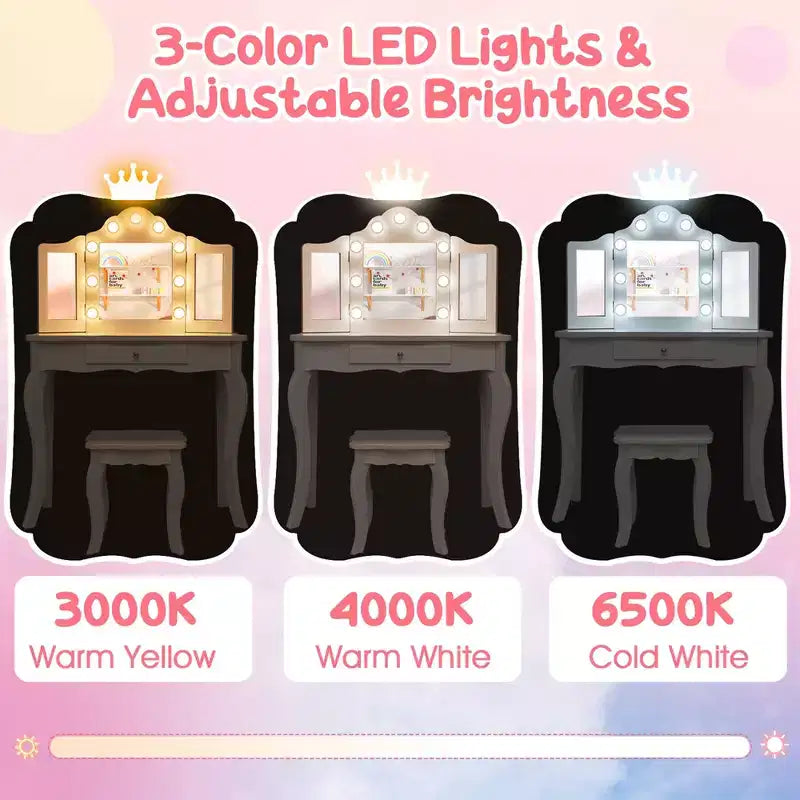 Costway Kid Vanity Table Stool Set Tri-Folding Mirror Adjustable 3-Color LED Lights Pink/White