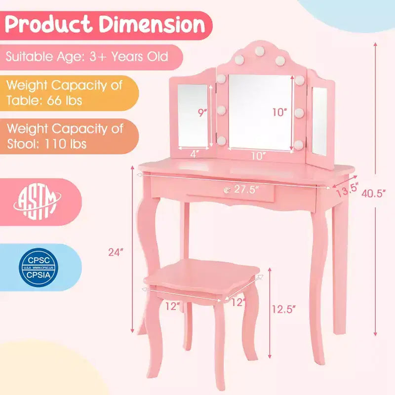 Costway Kid Vanity Table Stool Set Tri-Folding Mirror Adjustable 3-Color LED Lights Pink/White
