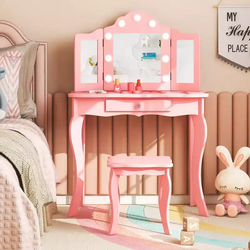 Costway Kid Vanity Table Stool Set Tri-Folding Mirror Adjustable 3-Color LED Lights Pink/White
