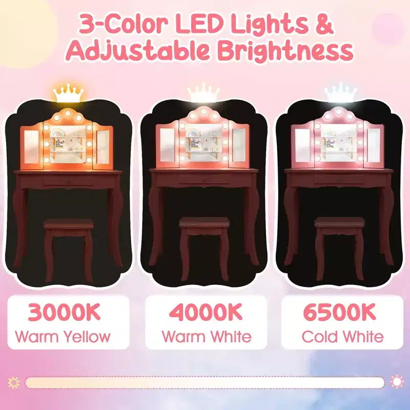 Costway Kid Vanity Table Stool Set Tri-Folding Mirror Adjustable 3-Color LED Lights Pink/White