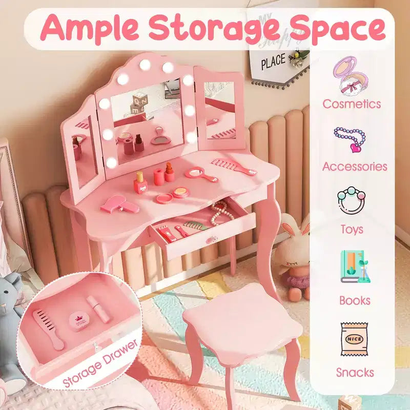 Costway Kid Vanity Table Stool Set Tri-Folding Mirror Adjustable 3-Color LED Lights Pink/White
