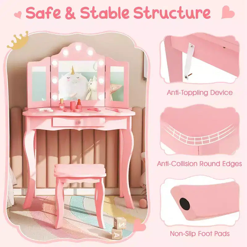Costway Kid Vanity Table Stool Set Tri-Folding Mirror Adjustable 3-Color LED Lights Pink/White