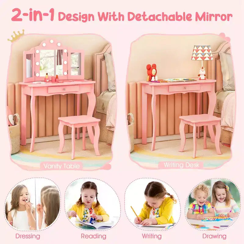 Costway Kid Vanity Table Stool Set Tri-Folding Mirror Adjustable 3-Color LED Lights Pink/White