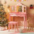 Costway Kid Vanity Table Stool Set Tri-Folding Mirror Adjustable 3-Color LED Lights Pink/White