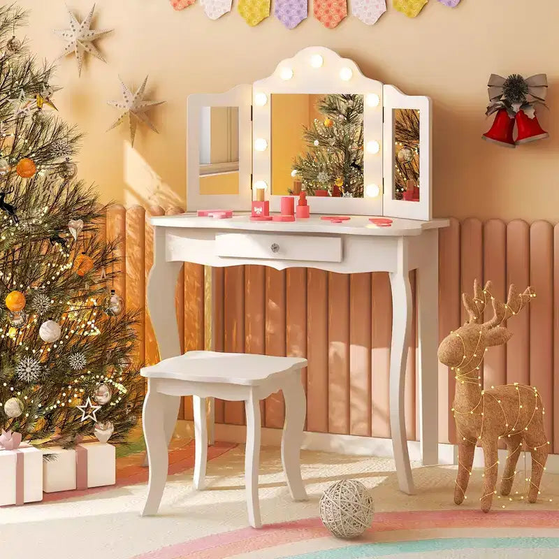 Costway Kid Vanity Table Stool Set Tri-Folding Mirror Adjustable 3-Color LED Lights Pink/White